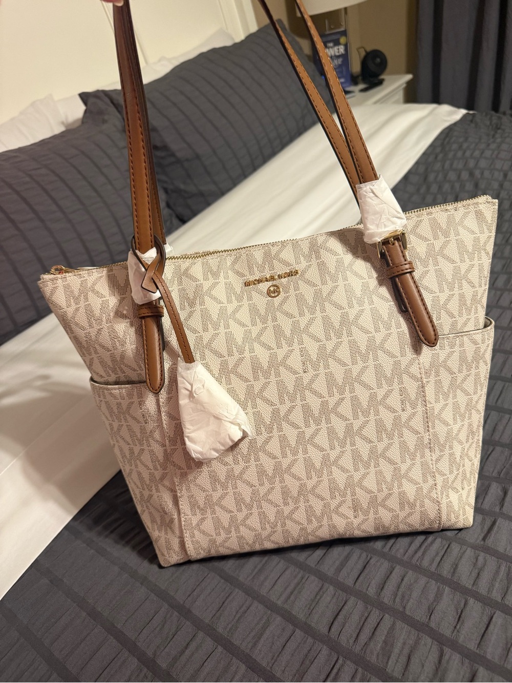 NWOT Michael Kors Cream Logo Tote with Tan Leather Straps
